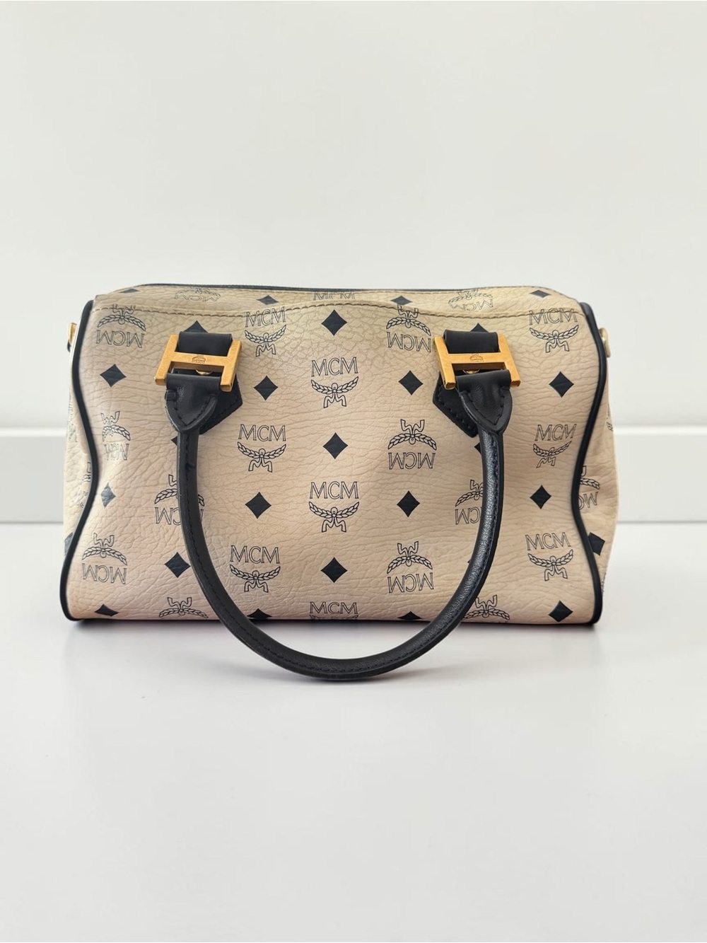 MCM Vintage Visetos Boston Satchel Ivory Black Monogram Top Handle Bag - Picture 2 of 11